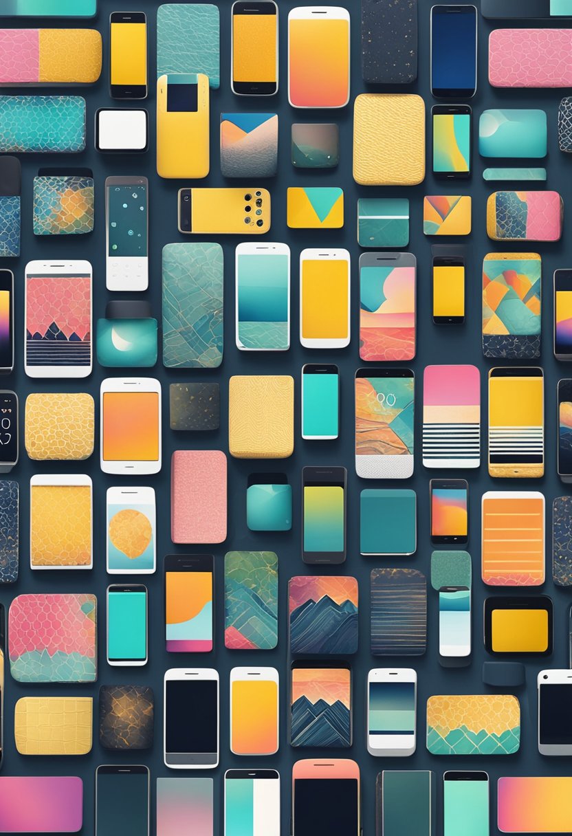 A smartphone with various wallpaper options displayed, surrounded by different patterns and textures representing changing trends and moods