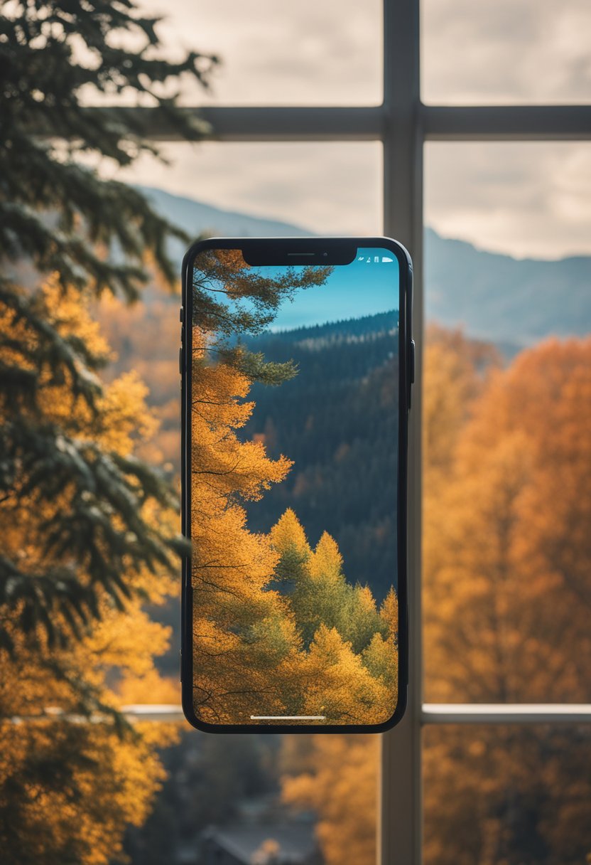 A phone with a changing seasonal wallpaper displayed against a window with trees changing colors outside