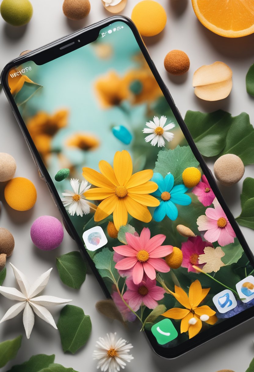 A phone with a changing seasonal wallpaper displayed on the screen, surrounded by elements representing different seasons (flowers for spring, leaves for autumn, snowflakes for winter, etc.)