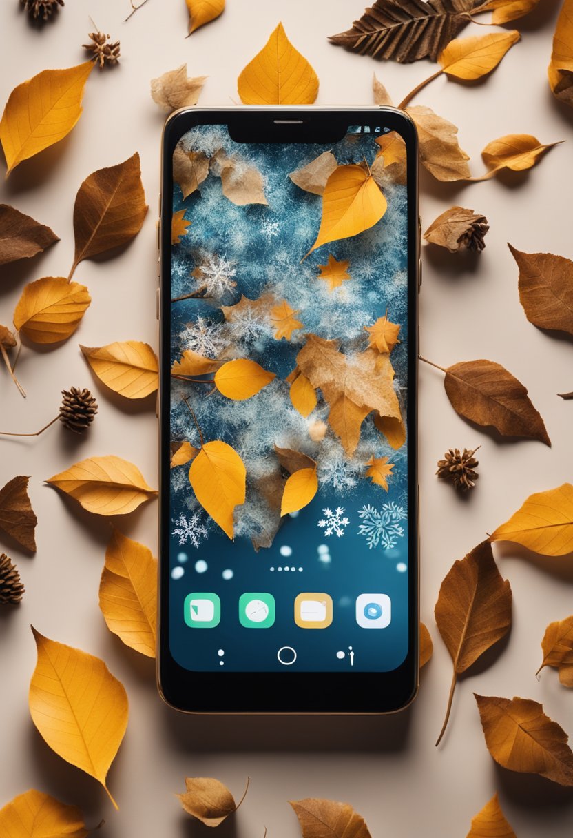 A phone with a changing wallpaper, surrounded by seasonal elements like falling leaves, blooming flowers, and snowflakes