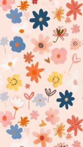 A collage of stylized flowers in a variety of shapes and colors, including pink, orange, blue, and yellow, on a soft pink background, designed as a phone wallpaper.