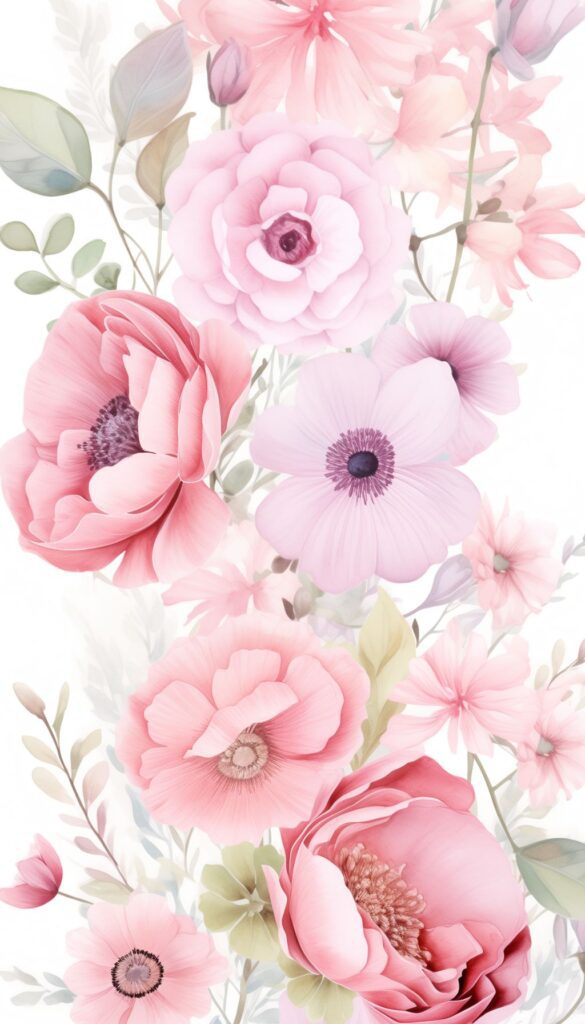 A collection of pastel pink flowers in watercolor style, ideal for iPhone wallpaper or phone background.