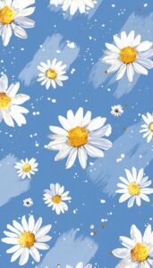 A collection of white daisies with yellow centers scattered across a blue background for an iPhone wallpaper.