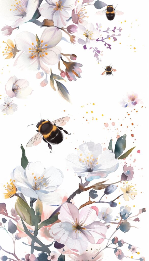 Watercolor painting of white and pale pink spring blossoms with bumble bees, created as a phone wallpaper.