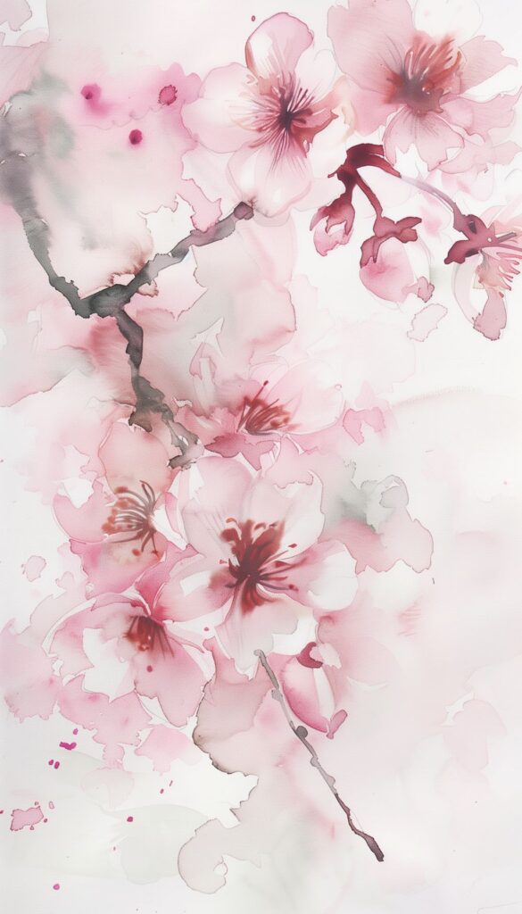 Soft pink watercolor cherry blossoms with hints of crimson on a light background, ideal for an iPhone wallpaper.