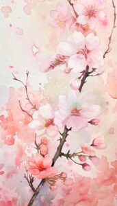 Watercolor painting of delicate pink cherry blossoms on a branch, ideal for an iPhone wallpaper or phone background.