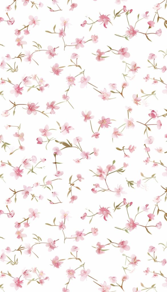 Patterned iPhone wallpaper with pink cherry blossom sprigs on a clear white background.