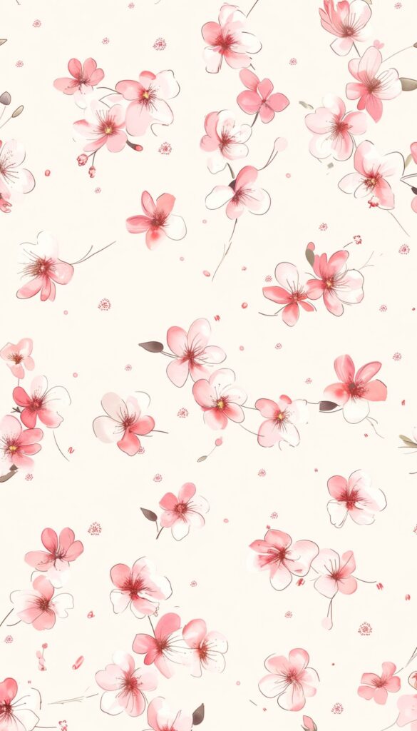 Illustration of pink cherry blossoms scattered across a light background, designed for iPhone wallpaper use.