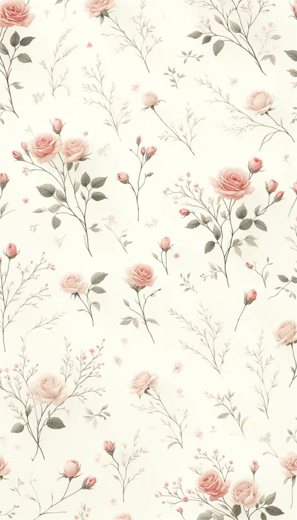 A seamless pattern of delicate pink roses and foliage on an off-white background, ideal for a stylish and gentle iPhone wallpaper.