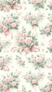 Seamless pattern of pastel pink rose bouquets with light pink ribbons and pale green leaves on a phone wallpaper.