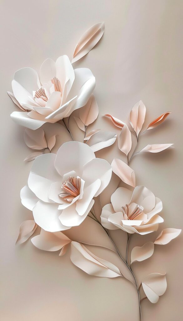 Artistic depiction of creamy magnolia flowers with soft pink accents on a neutral background, designed for a chic and natural iPhone wallpaper or phone background.