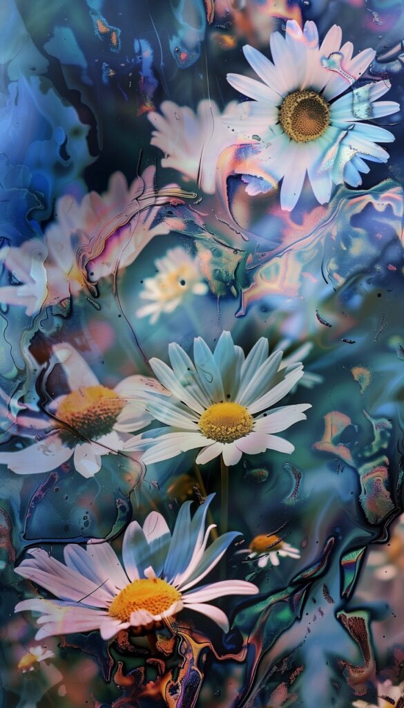 A vibrant and artistic rendering of daisies against a colorful abstract background, designed for use as an iPhone wallpaper.