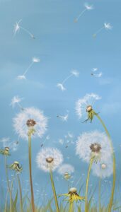 Digital image of dandelions with seeds dispersing in the wind under a blue sky, ideal for an iPhone wallpaper or phone background.