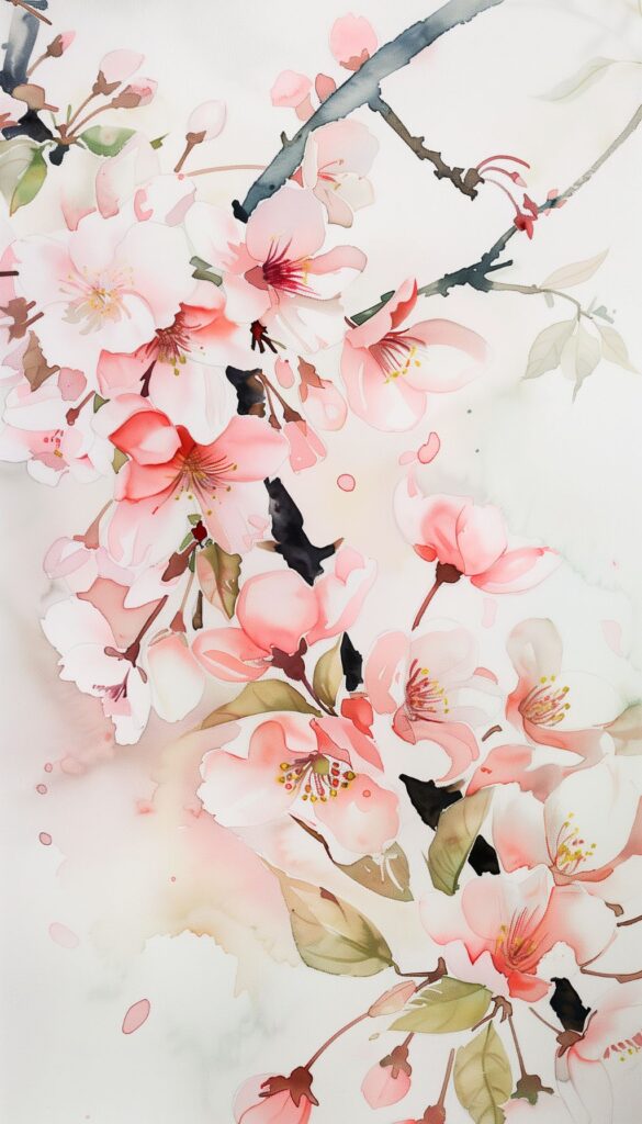 Elegant watercolor cherry blossoms in soft shades of pink, creating a tranquil and artistic iPhone wallpaper or phone background.