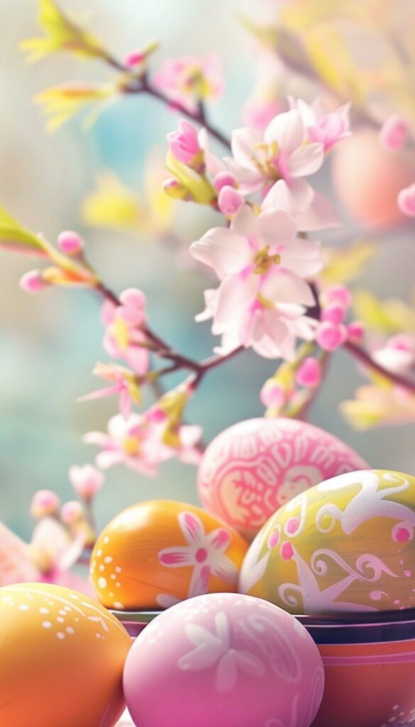 A collection of decorated Easter eggs among pink spring blossoms for an iPhone wallpaper background.