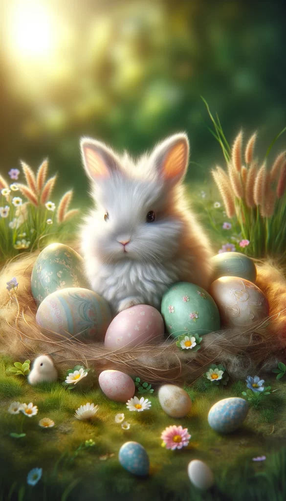 A white fluffy bunny surrounded by pastel-colored Easter eggs and spring flowers, perfect for an iPhone wallpaper.