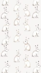 Illustration of multiple white bunnies in various poses on a clean background, suitable as an iPhone wallpaper for Easter and spring themes.