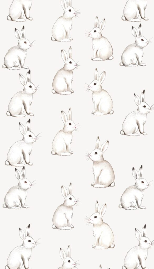 Illustration of multiple white bunnies in various poses on a clean background, suitable as an iPhone wallpaper for Easter and spring themes.