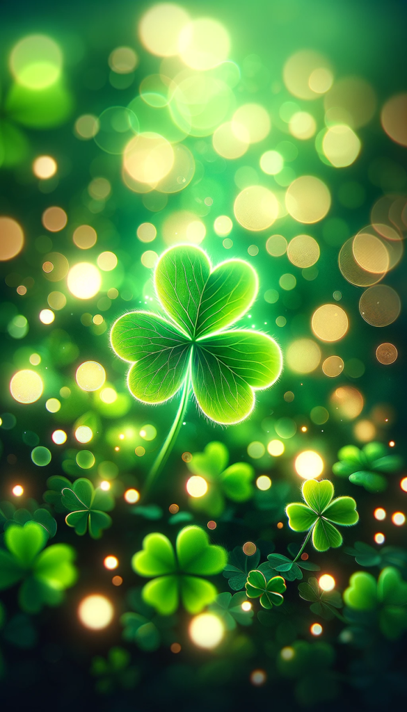 iPhone wallpaper featuring a glowing green shamrock with a bokeh light effect for St Patrick's Day.