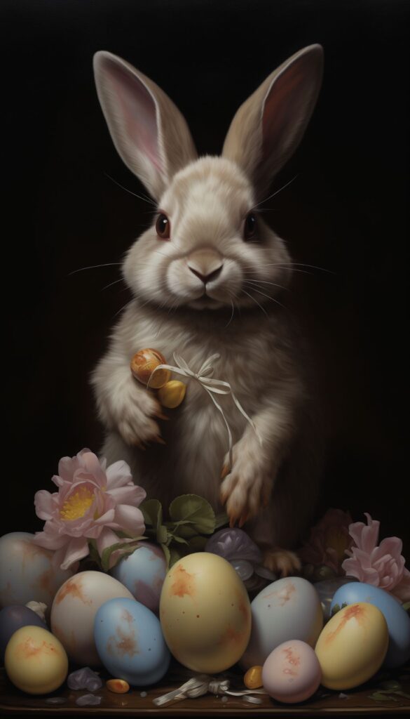 Charming bunny with painted Easter eggs and spring flowers, creating an enchanting scene for an iPhone wallpaper or phone background.