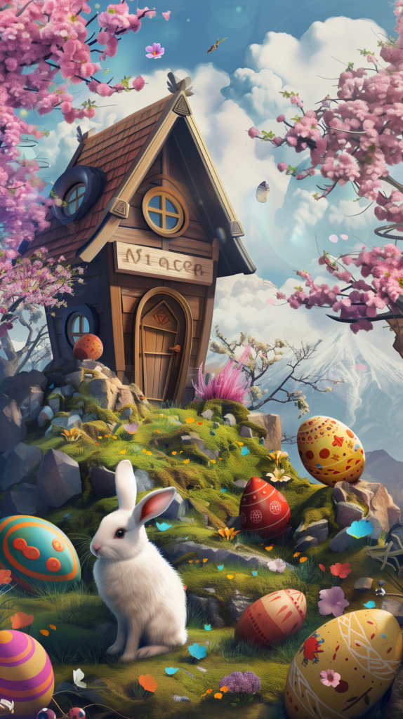 Digital artwork for iPhone wallpaper showing a whimsical Easter scene with a white rabbit, decorated eggs, and a blooming cherry blossom tree by a cottage.