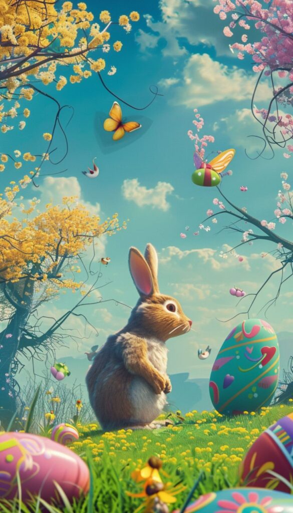 Digital artwork of a storybook setting with a quaint cottage, blooming trees, colorful Easter eggs, and a bunny, ideal for an iPhone wallpaper capturing the essence of spring.