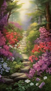 A lush garden path lined with vibrant purple, pink, red, and white flowers, leading towards a soft, sunlit clearing.