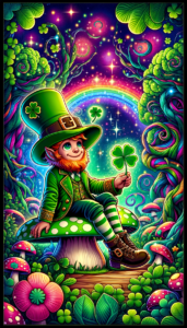 Colorful iPhone wallpaper featuring a leprechaun sitting on a mushroom in a magical forest with rainbows and stars.