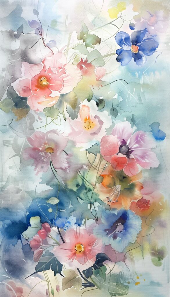 Colorful watercolor flowers dominate this iPhone wallpaper, featuring large pink, coral, and blue blossoms amidst soft, pastel-colored foliage and a light, airy background, ideal for a fresh and vibrant phone background.