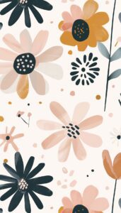 Stylized sketch of assorted flowers in pastel and dark tones ideal for iPhone wallpaper.