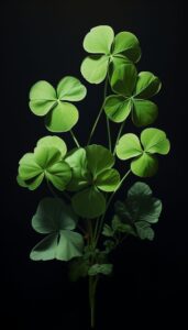 iPhone wallpaper featuring a cluster of green four-leaf clovers on a black background.