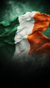 An iPhone wallpaper of the Irish flag, in green, white, and orange, waving with a starry, nebulous background.