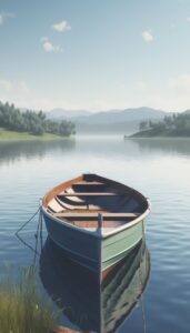 A tranquil scene of a lone boat floating on calm lake waters with lush greenery and misty mountains in the background, for an iPhone wallpaper or phone background.