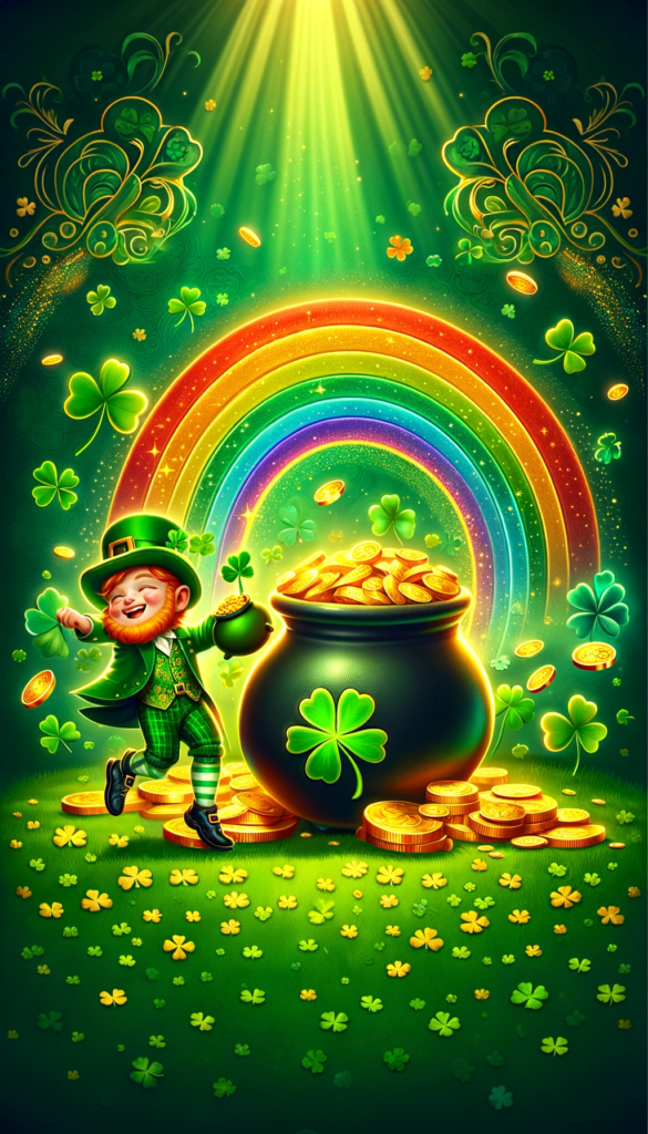 iPhone wallpaper with a leprechaun, pot of gold, and a rainbow amid clovers.