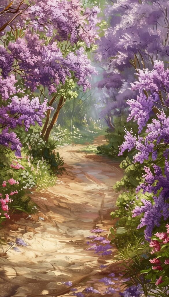 A tranquil footpath lined with blooming lilac bushes in shades of purple and pink, with sunlight filtering through the trees.