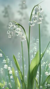 Delicate white Lily of the Valley flowers with green leaves against a blurred background, ideal for an iPhone wallpaper.