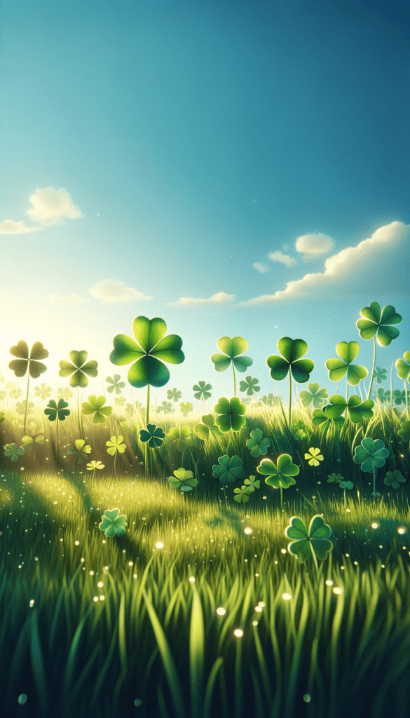 iPhone wallpaper featuring a sunlit field of four-leaf clovers under a bright blue sky, evoking the spirit of St. Patrick's Day.