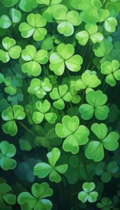 Dense green shamrocks covering the screen, ideal for a St Patrick's Day themed iPhone wallpaper or phone background.