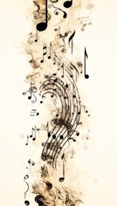 An artistic arrangement of musical notes in black on a sepia background, creating a harmonious design for an iPhone wallpaper.