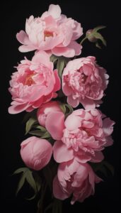 A cluster of pink peonies with lush petals and dark leaves against a black background, ideal for an iPhone wallpaper or phone background.