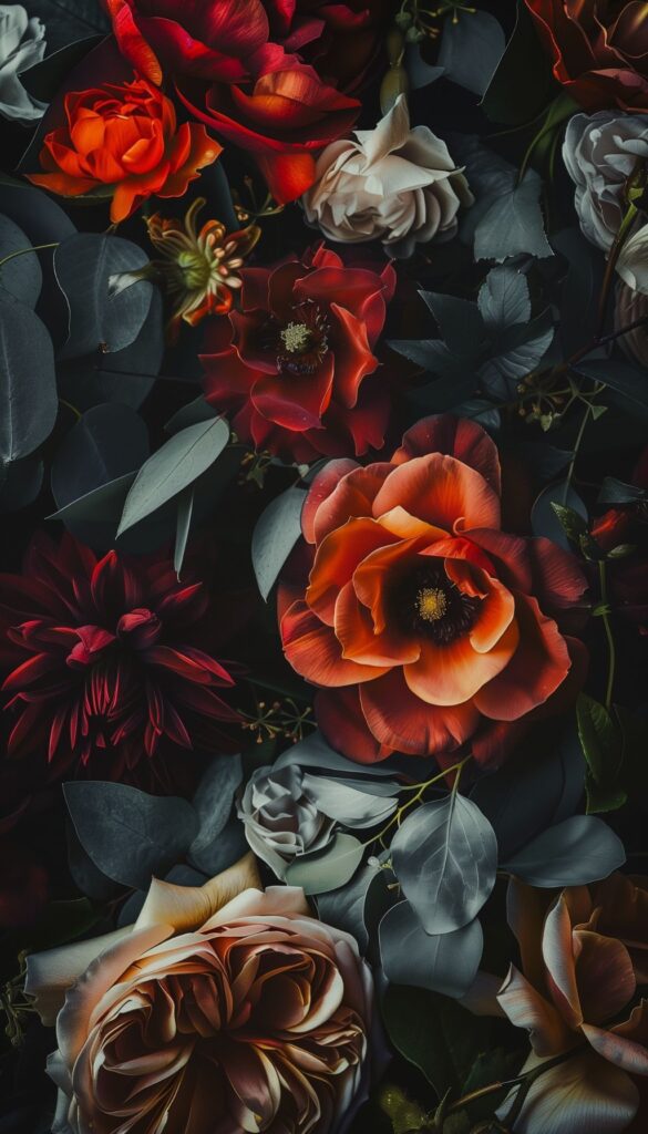 A collection of vibrant and pastel flowers overlaid on a dark background, creating a moody and stylish phone wallpaper.