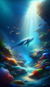 Serene underwater scene with a whale swimming among colorful coral reefs, illuminated by sunbeams, designed for an iPhone wallpaper or phone background.