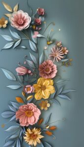 A 3D paper art style iPhone wallpaper with handcrafted paper flowers in pink, yellow, and blue, with embossed textures and gold accents on a teal background.