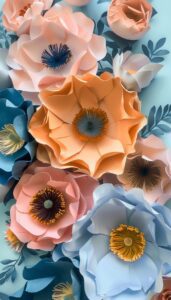 Handcrafted paper flowers in pastel and vibrant tones, designed as iPhone wallpaper.