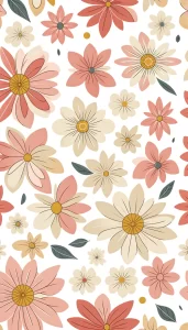 A phone background of stylized pastel flowers in pink and cream with yellow centers, suitable for iPhone wallpaper or lock screen.