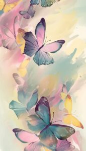 Colorful butterflies in pastel shades flitting across a soft, abstract background on an iPhone wallpaper.