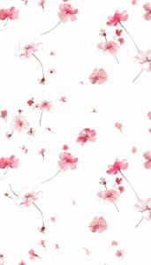 Light pink cherry blossoms scattered across a solid white background, creating a soft and minimalistic iPhone wallpaper or phone background.