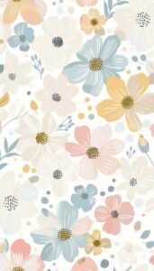 iPhone wallpaper featuring a mix of large pastel flowers in blue, pink, and yellow with small decorative dots and leaves.