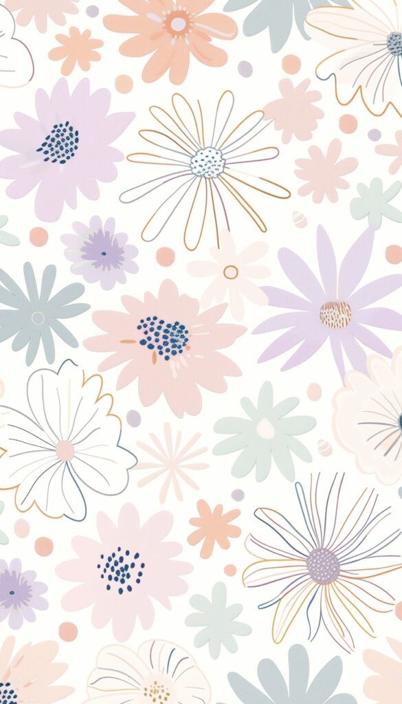 A whimsical floral pattern with pastel-colored flowers on a cream background, suitable for an iPhone wallpaper.