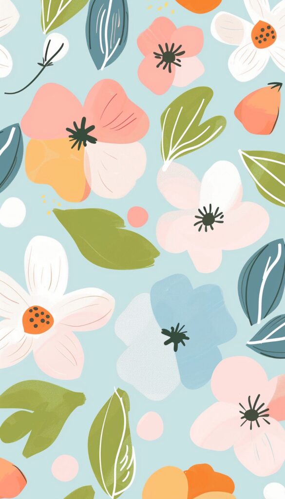 A playful pastel-colored floral pattern with pink, orange, and white flowers along with green leaves on a light blue background, suitable for iPhone wallpaper.